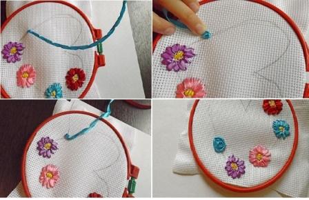 Сделайте бутон розы подходящего диаметра. Подобным образом вышейте розы другого цвета.