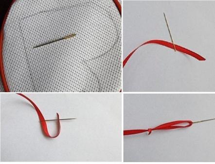 Возьмите специальную иголку для вышивания лентами. В отличие от обычной иголки у нее более широкое ушко.