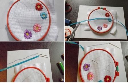 Чтоб вышить розочку лентами, вденьте соответствующую ленту в иголку, а также подготовьте иголку с ниткой в тон ленты.