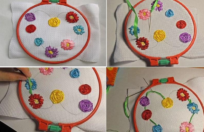 Чтобы сделать окантовку сердечка возьмите ленту такого цвета, чтоб она не сливалась ни с одним из цветочков.