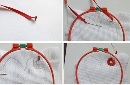 Приступаем к вышиванию ромашки на нашем сердечке.